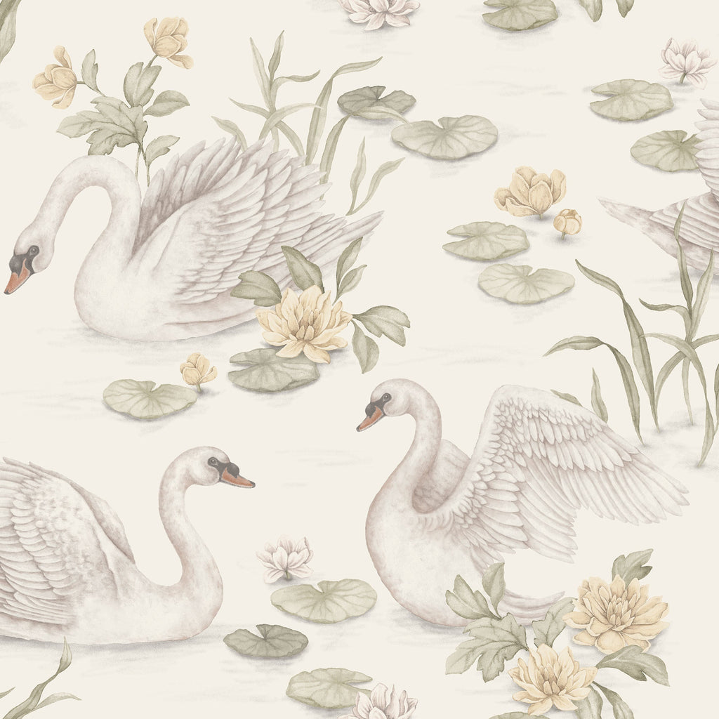 Nursery and Kids wallpaper - Lily Swan - Light Yellow / Green 6926
