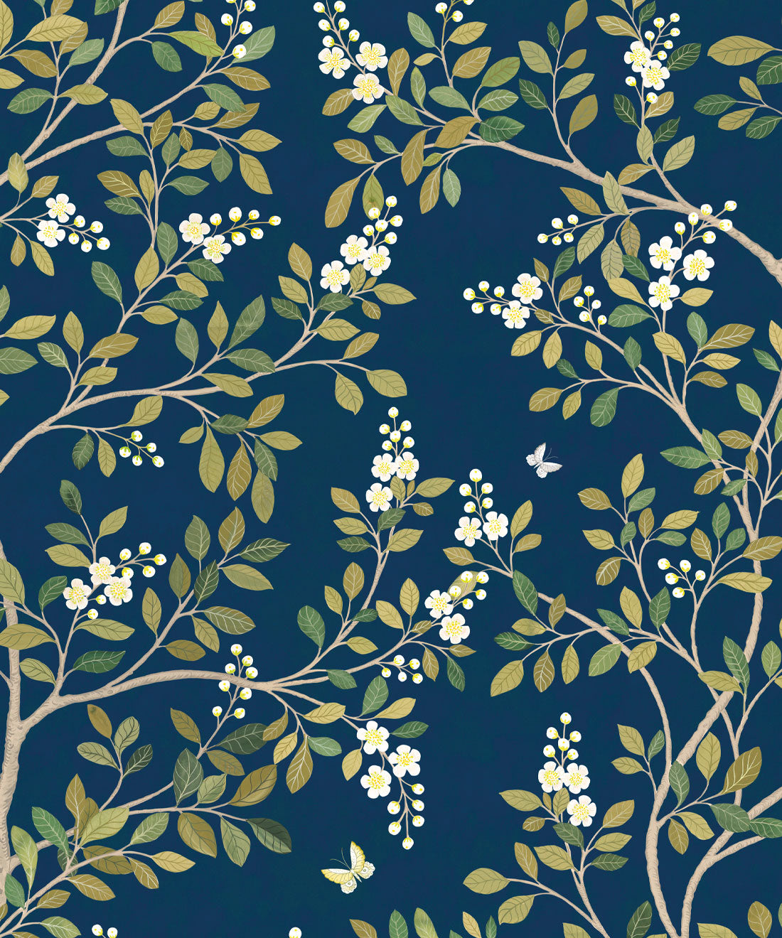 White Blossom Tree Wallpaper, Navy