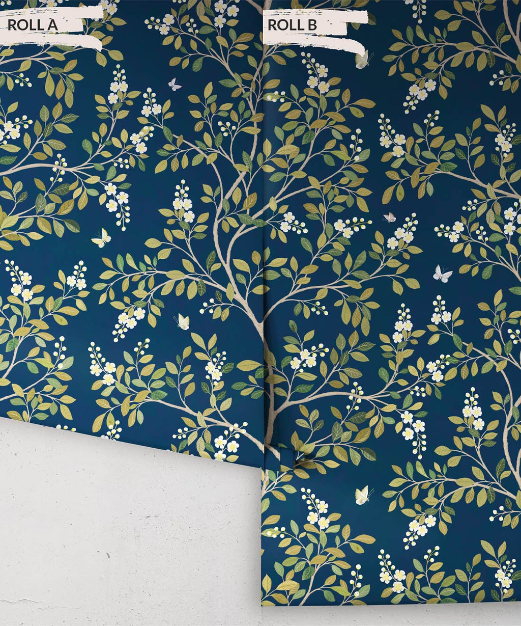 White Blossom Tree Wallpaper, Navy