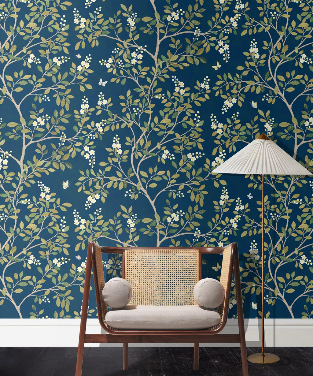 White Blossom Tree Wallpaper, Navy
