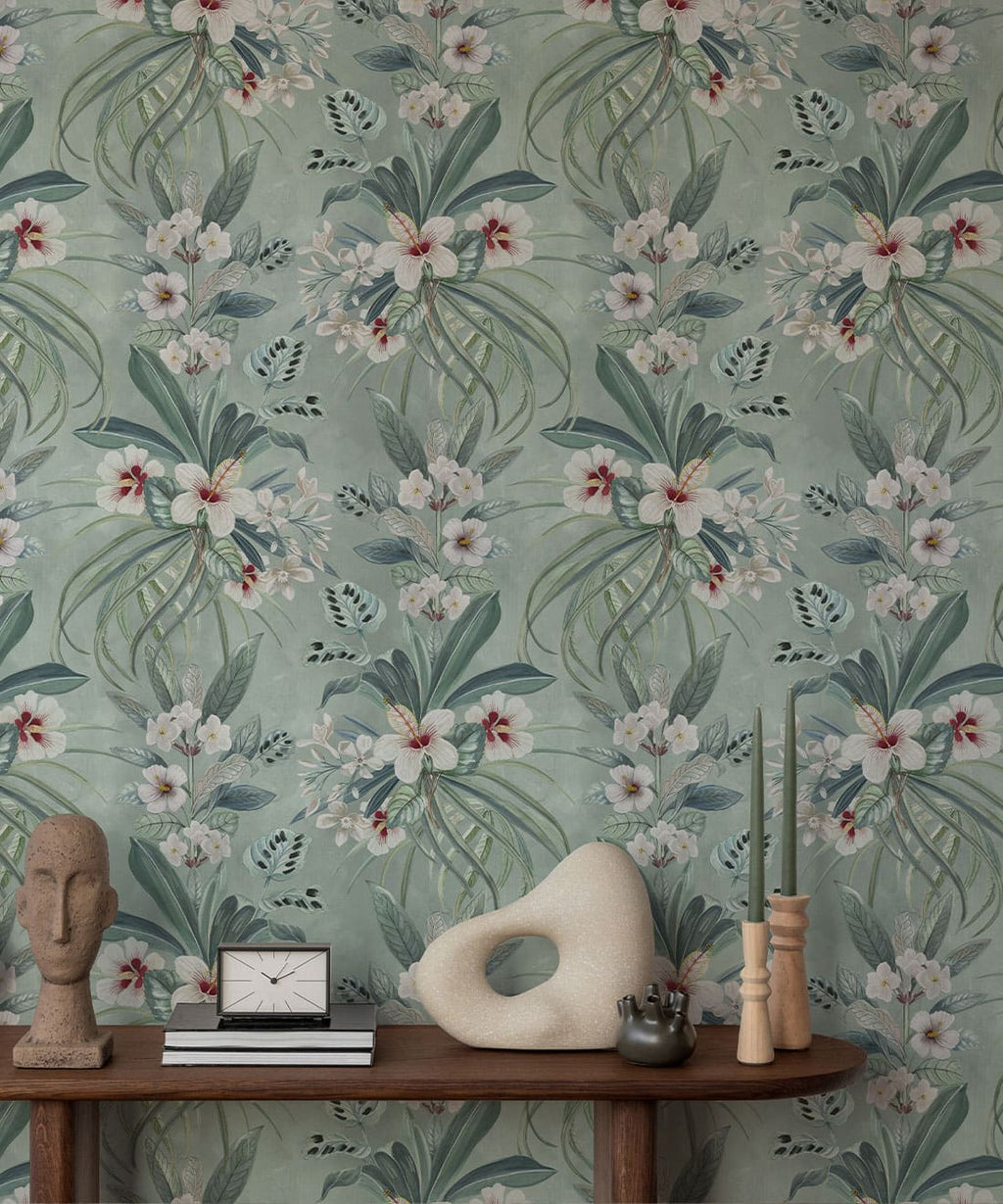Hibiscus at Double Bay Wallpaper, Duck Egg