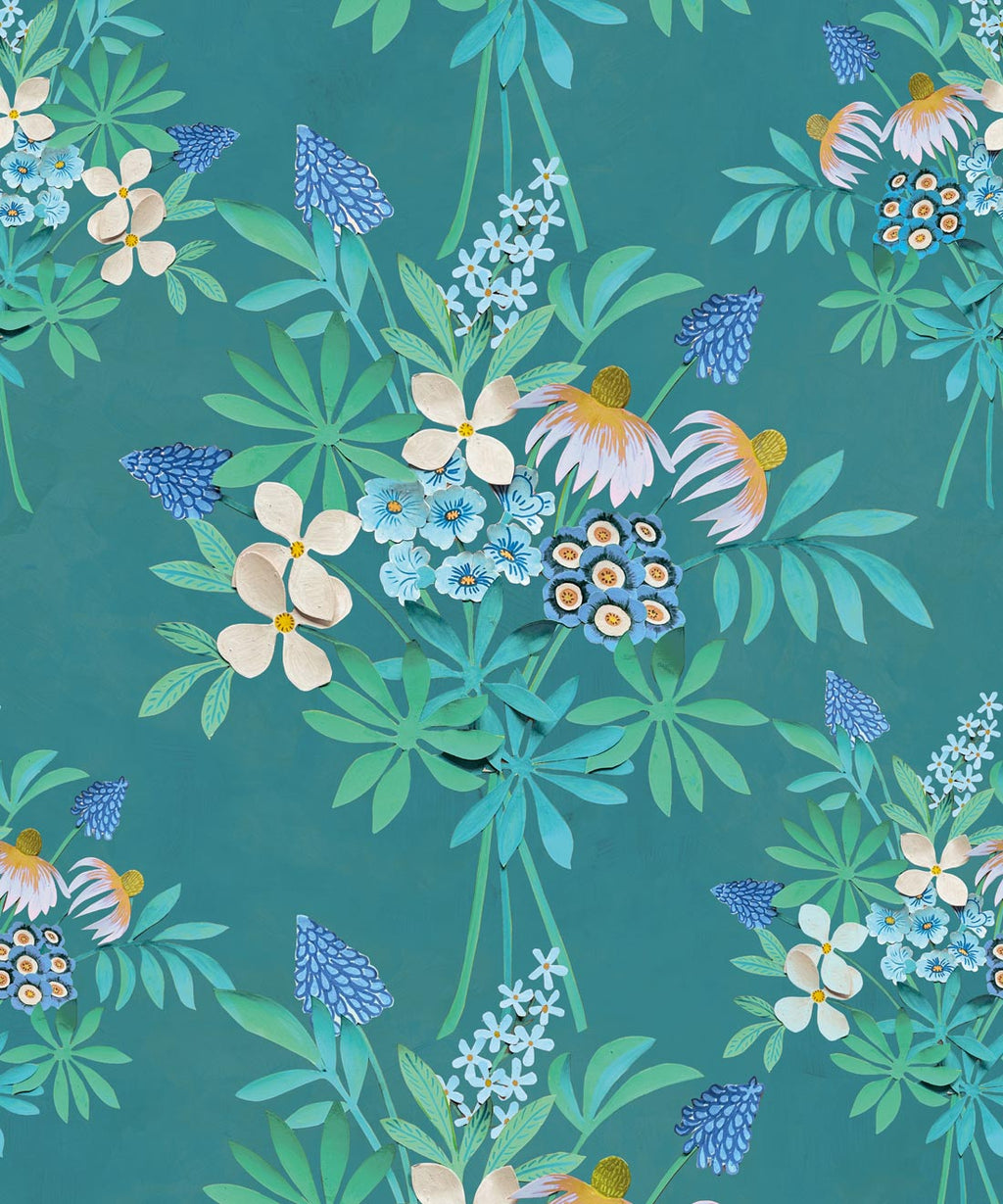 Odette’s Bouquet Wallpaper, Lagoon Blue
