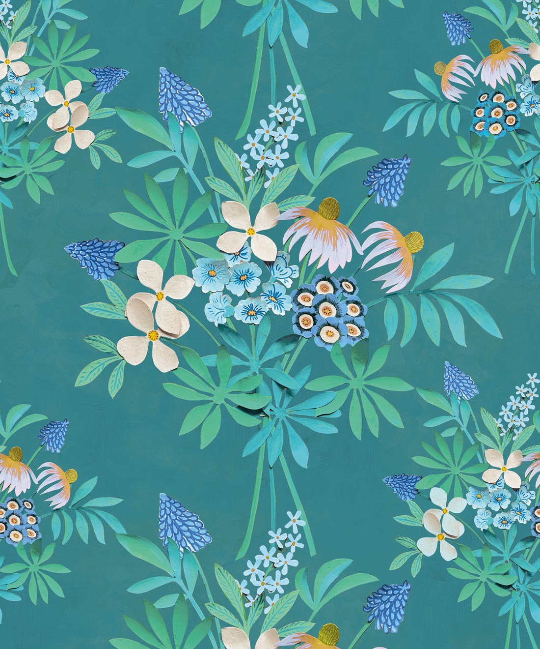 Odette’s Bouquet Wallpaper, Lagoon Blue