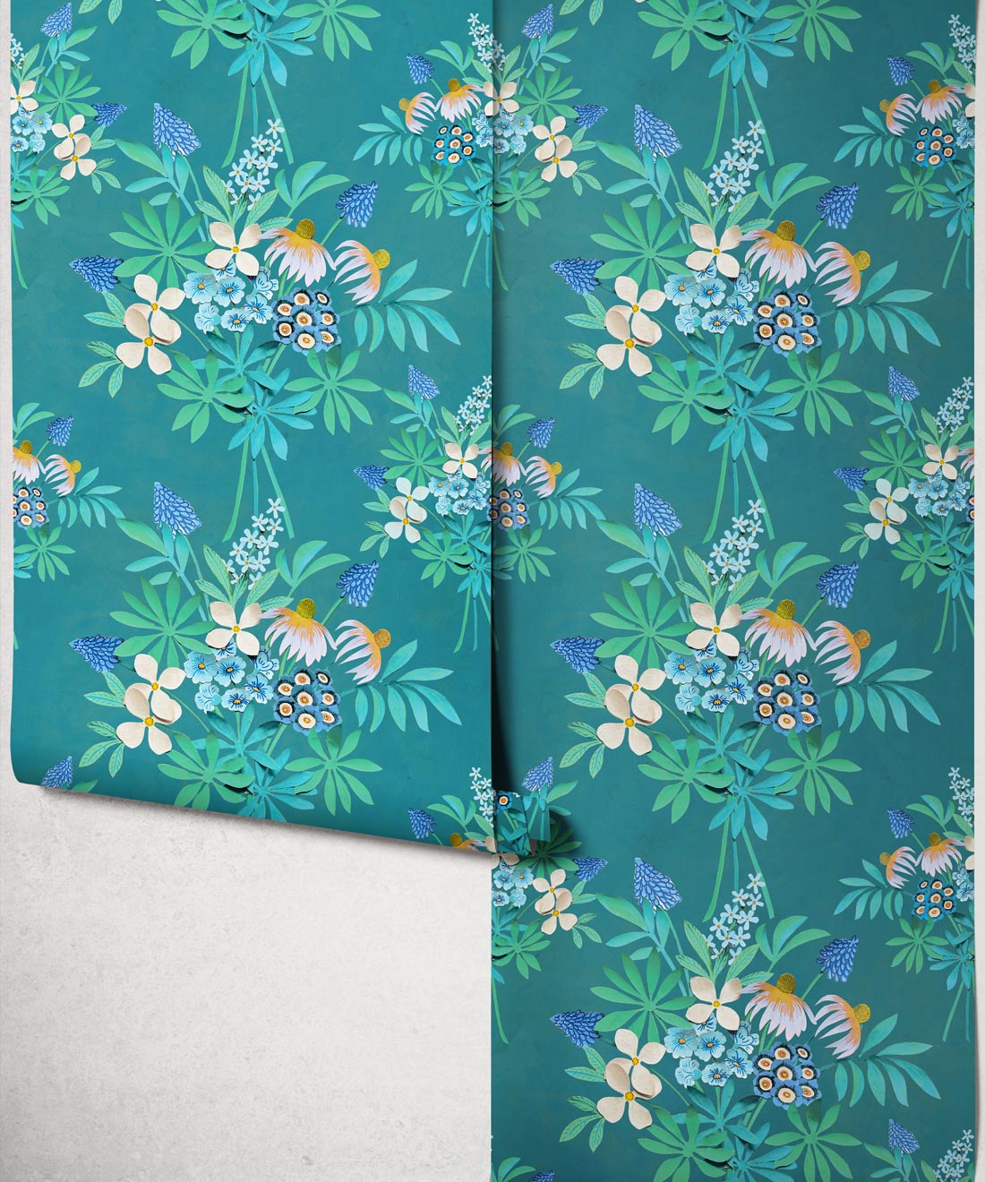 Odette’s Bouquet Wallpaper, Lagoon Blue