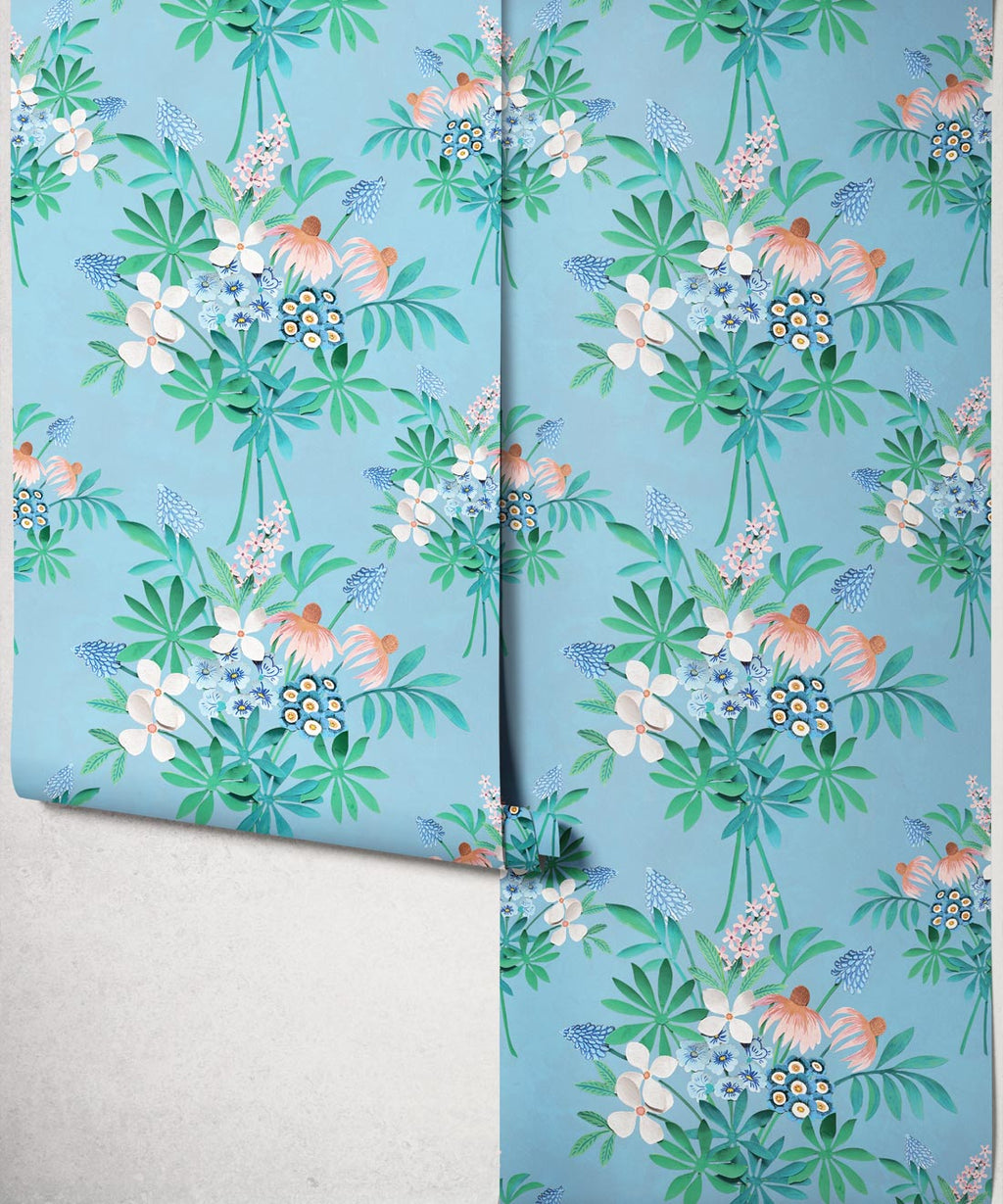 Odette’s Bouquet Wallpaper, Powder Blue