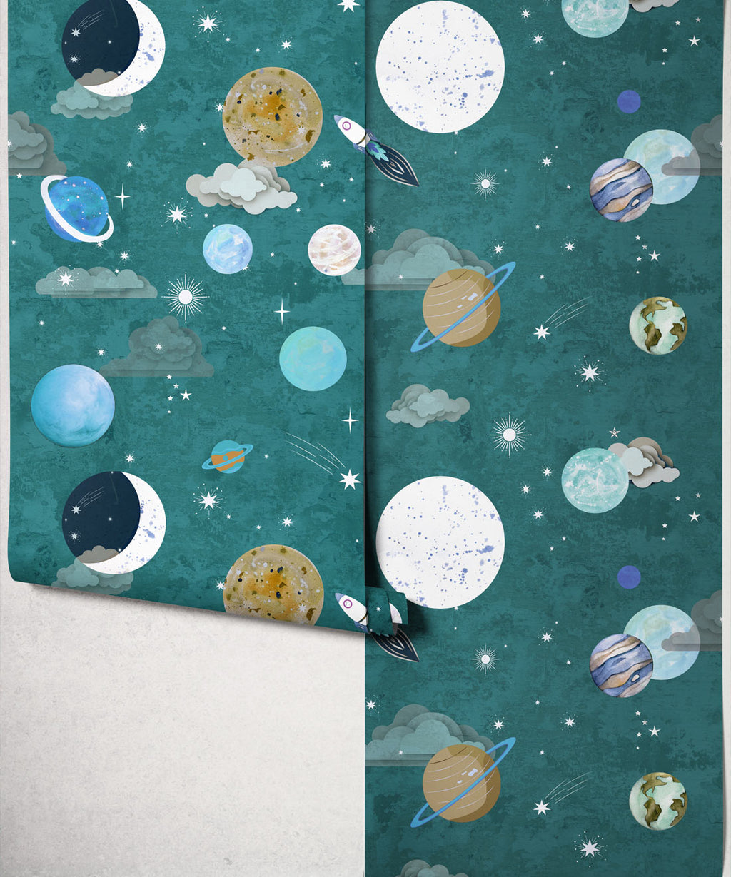 Blast Off Wallpaper, Lagoon Blue