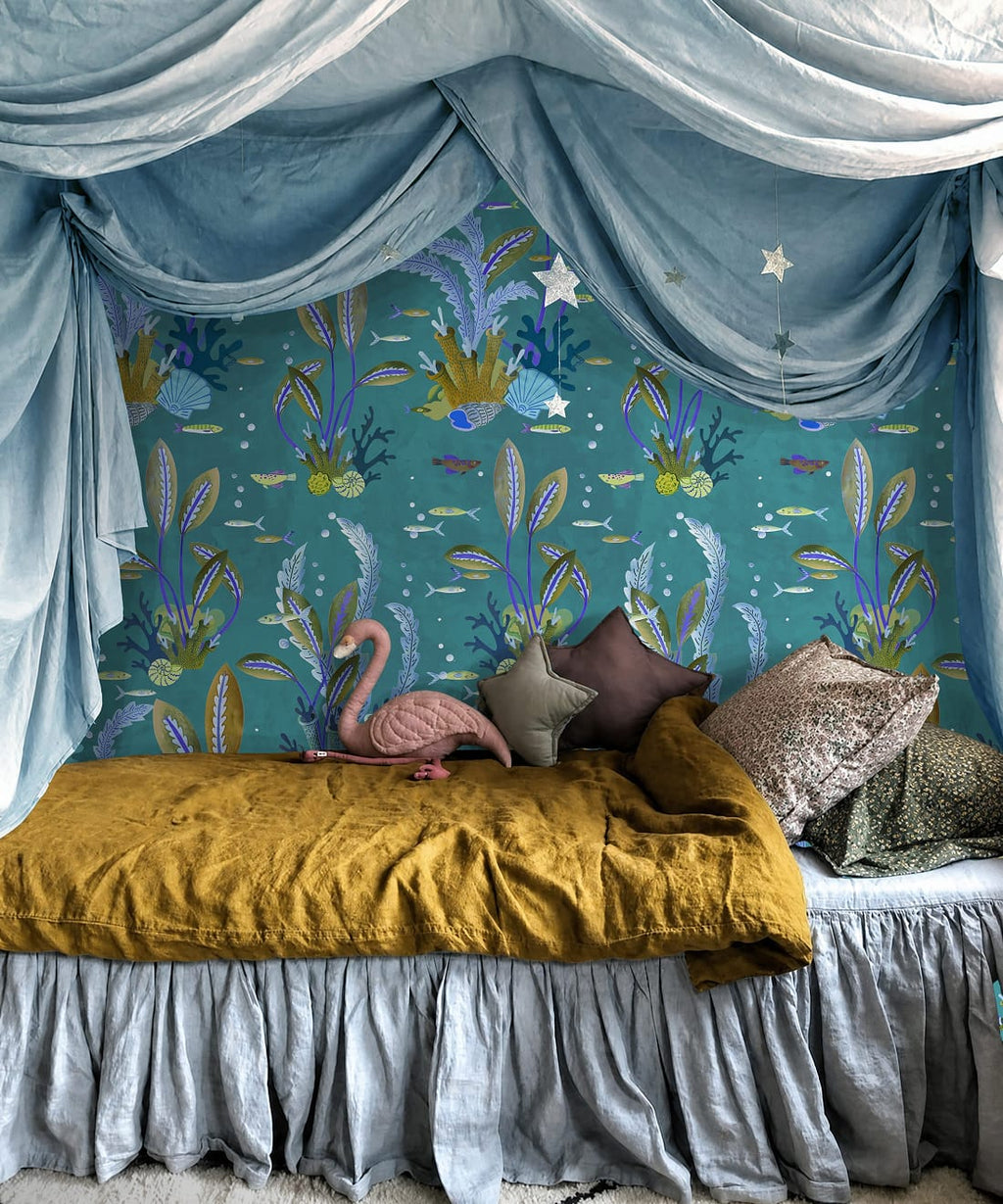 Coral Garden Wallpaper, Lagoon Blue