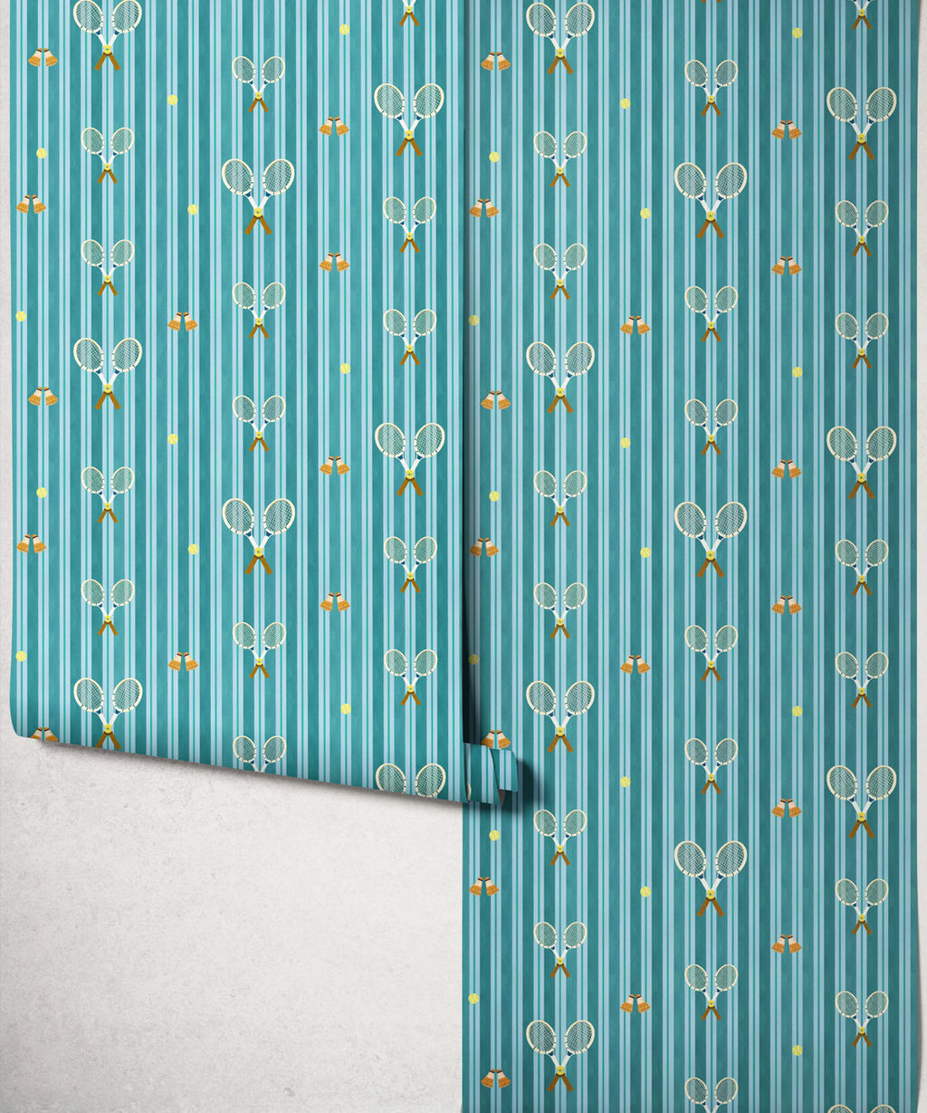 The Tennis Club Stripe Wallpaper, Lagoon Blue