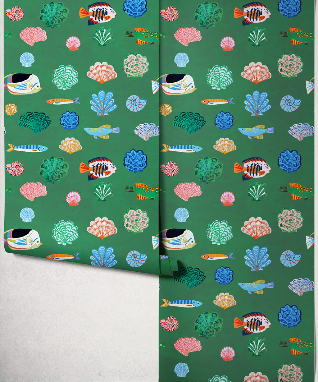 Seaside Treasures Wallpaper, Kelp Green
