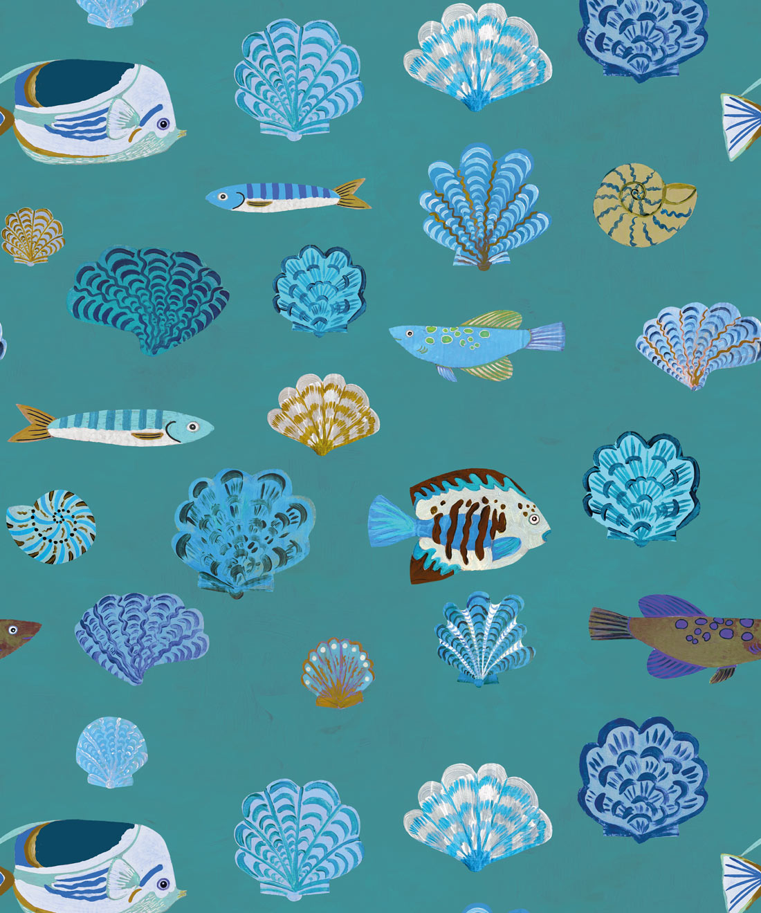Seaside Treasures Wallpaper, Lagoon Blue
