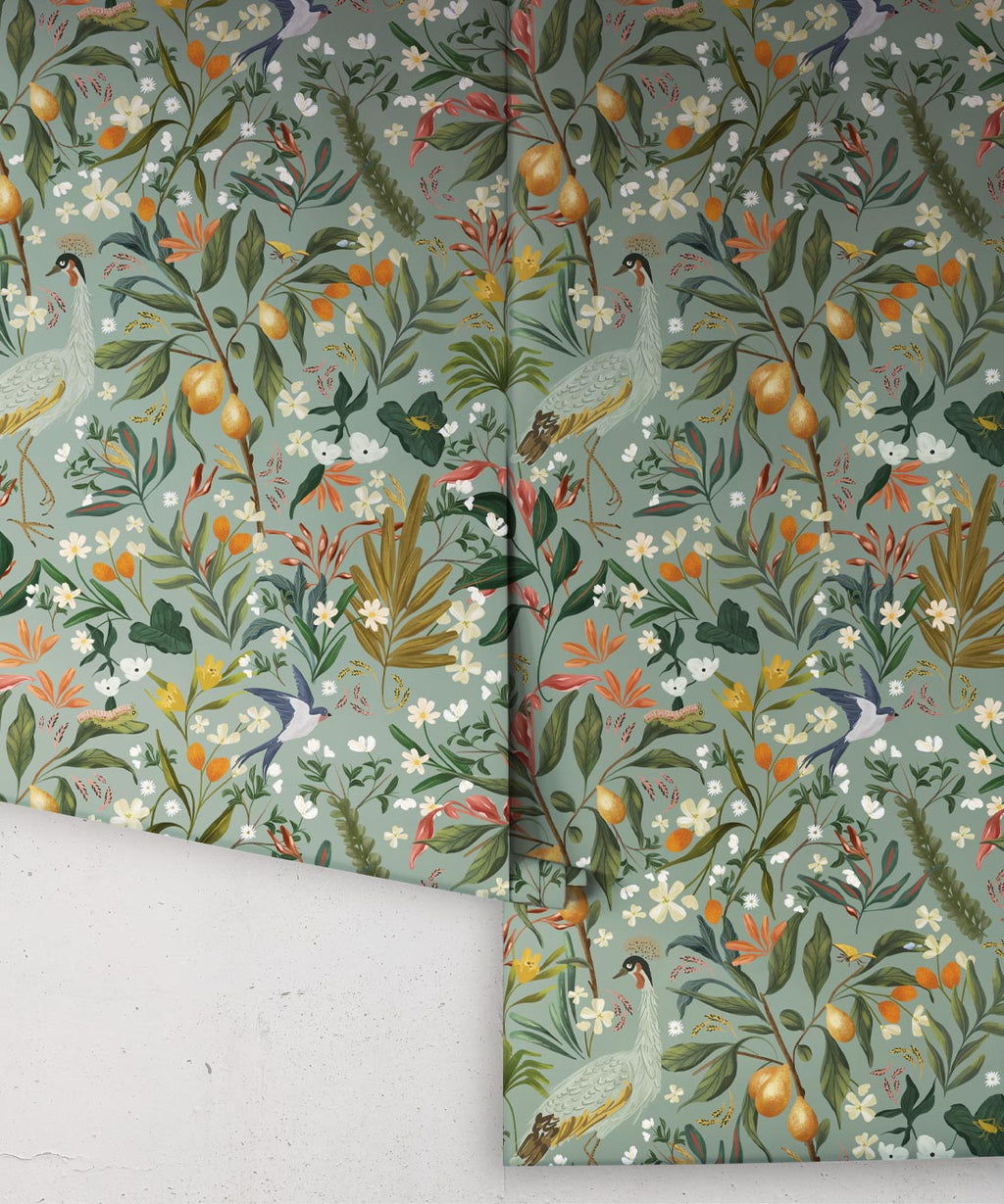 Balearic Cranes Wallpaper, Grey Blue