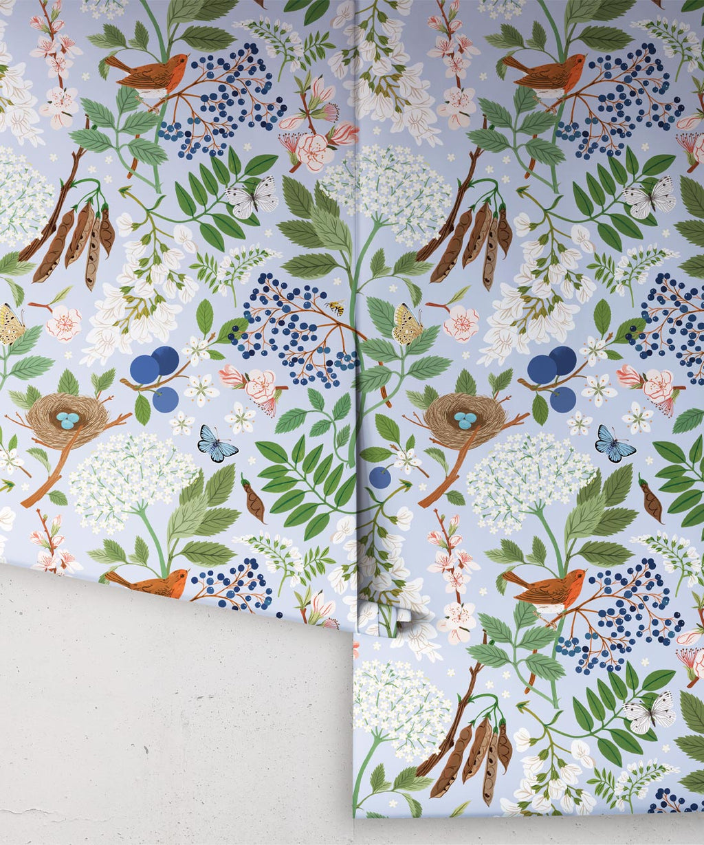Flowering Trees Wallpaper, Duck Egg