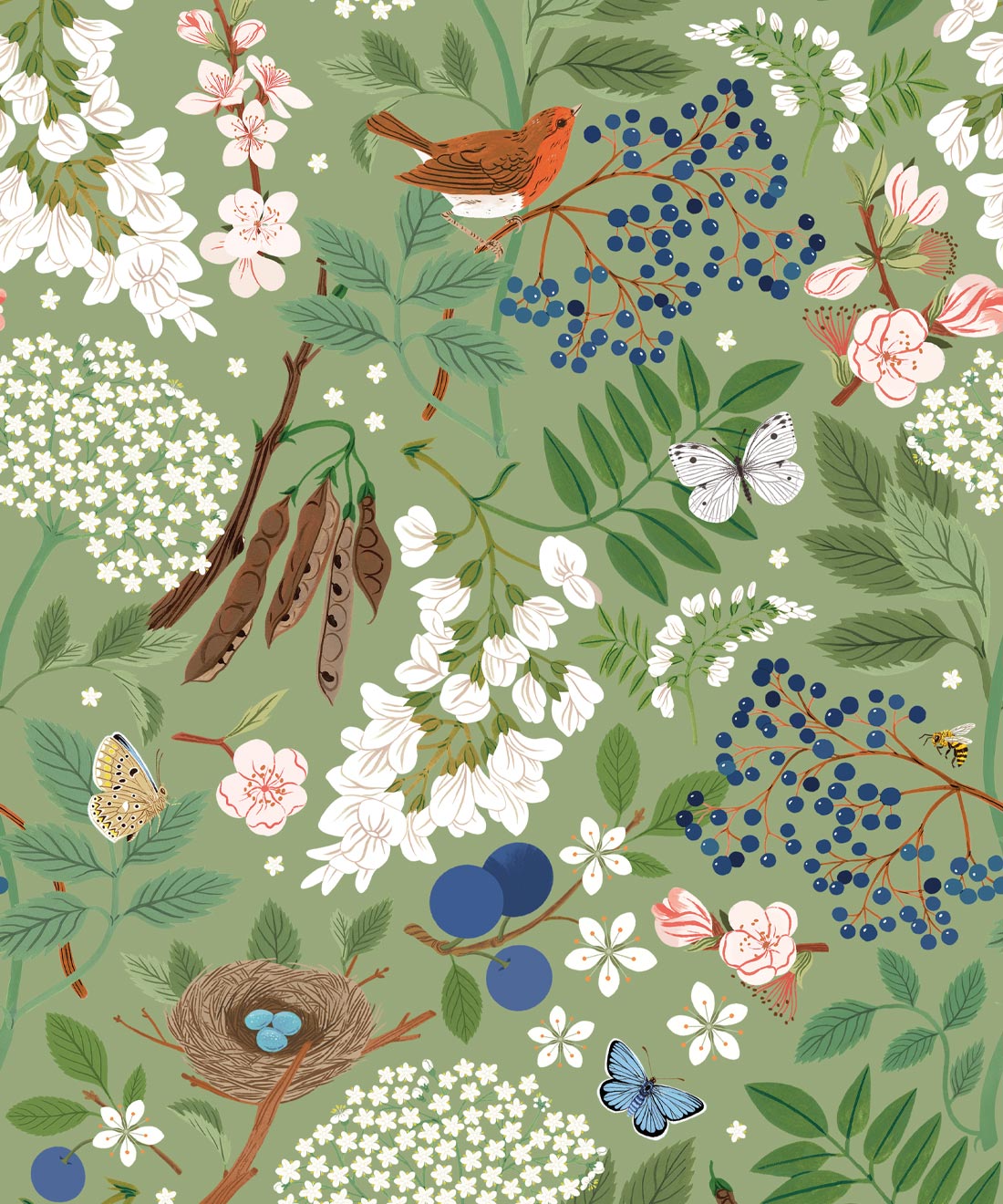 Flowering Trees Wallpaper, Green