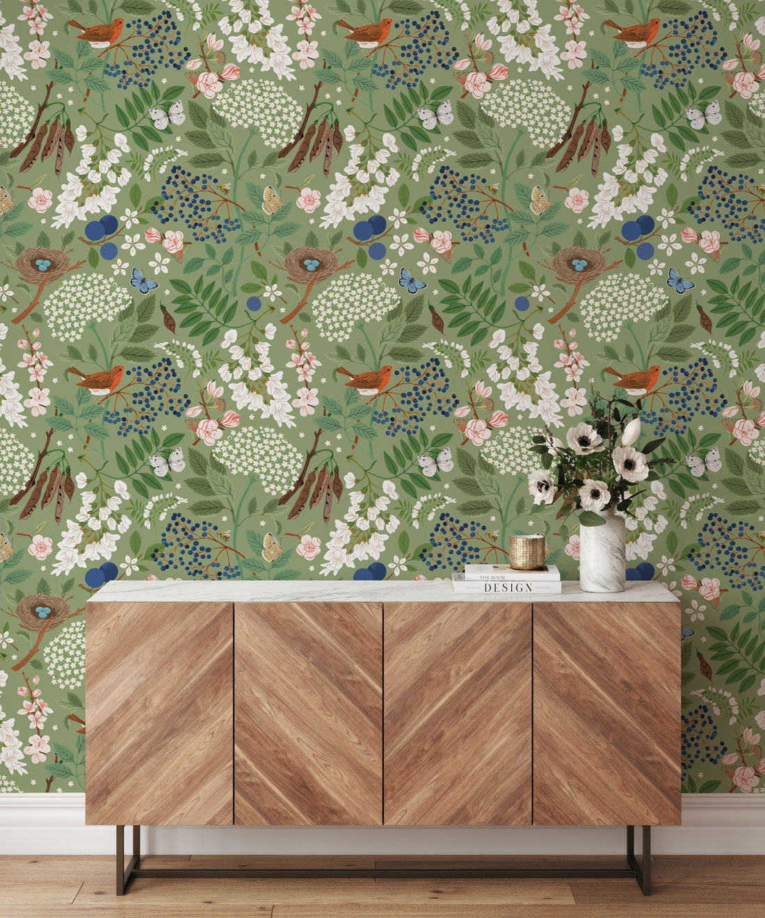 Flowering Trees Wallpaper, Green