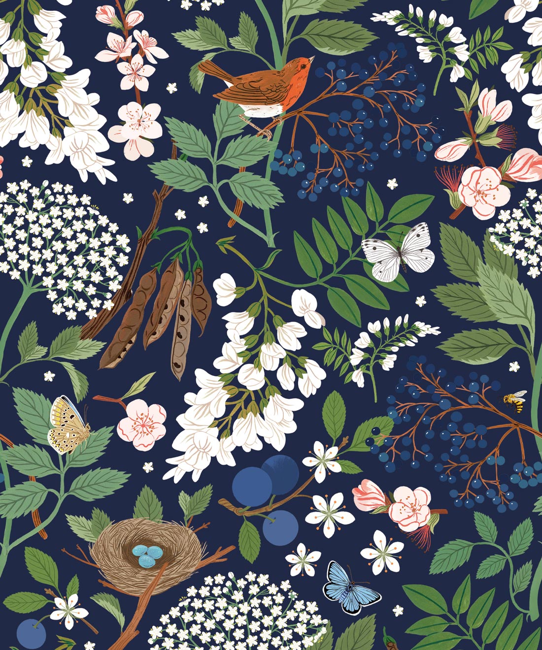 Flowering Trees Wallpaper, Navy