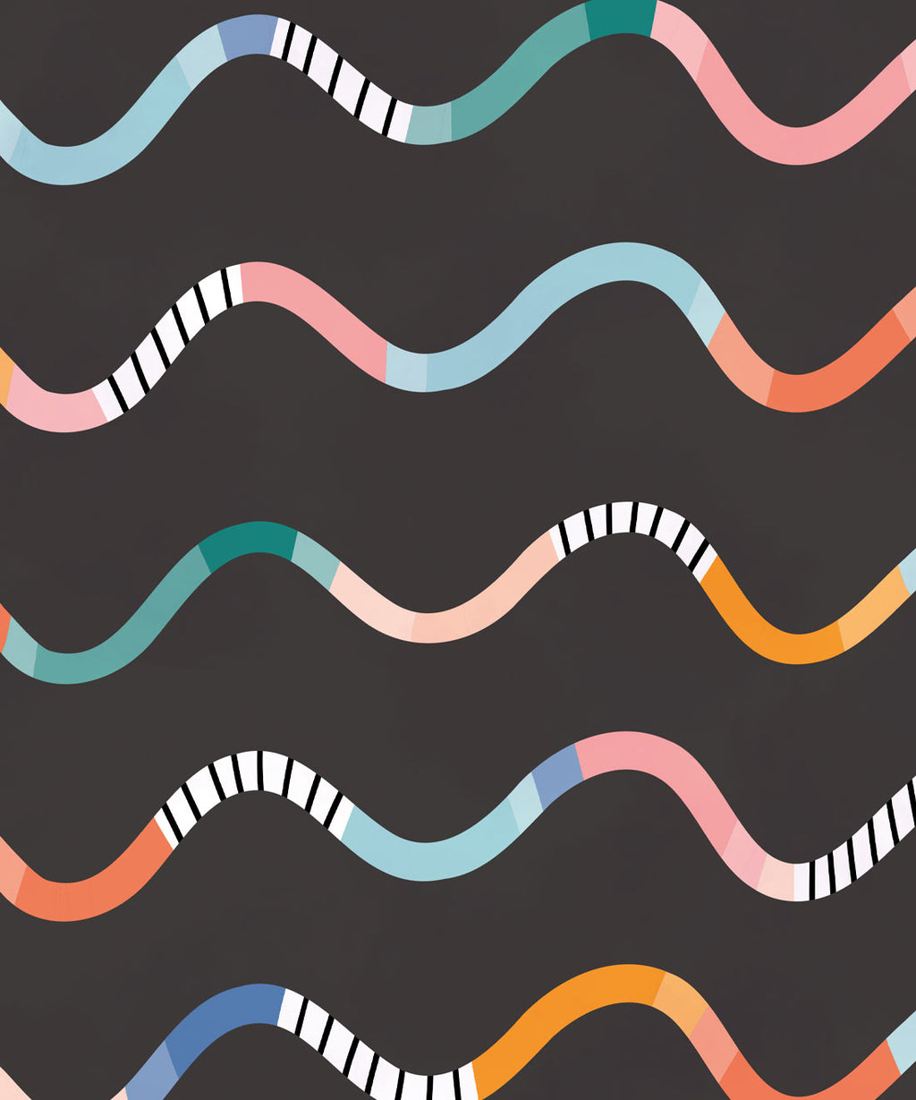 Happy Waves Wallpaper, Charcoal