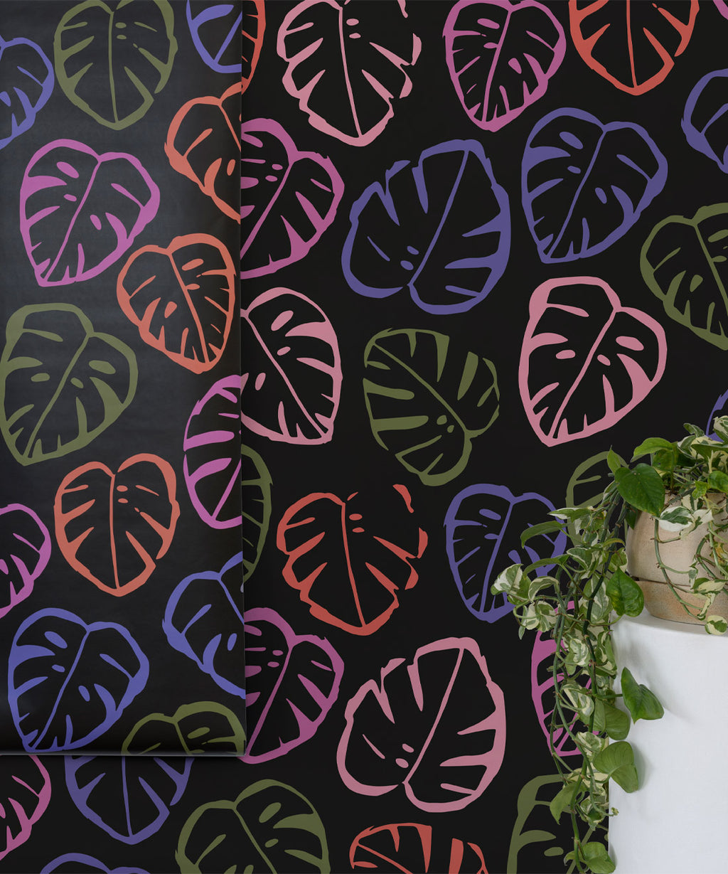 Neon Monstera Love Mural, Black