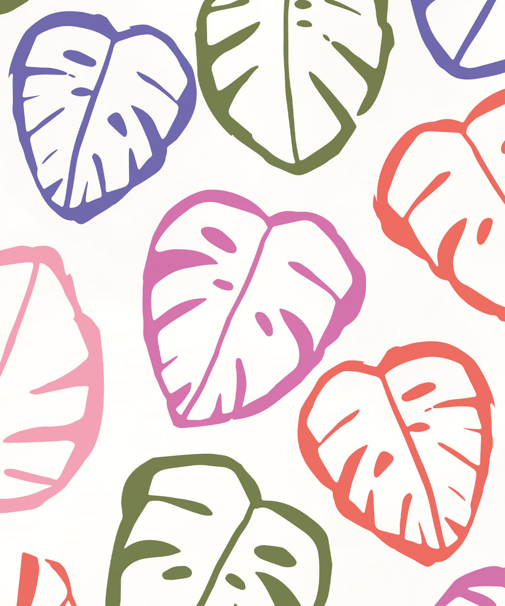 Neon Monstera Love Mural, White