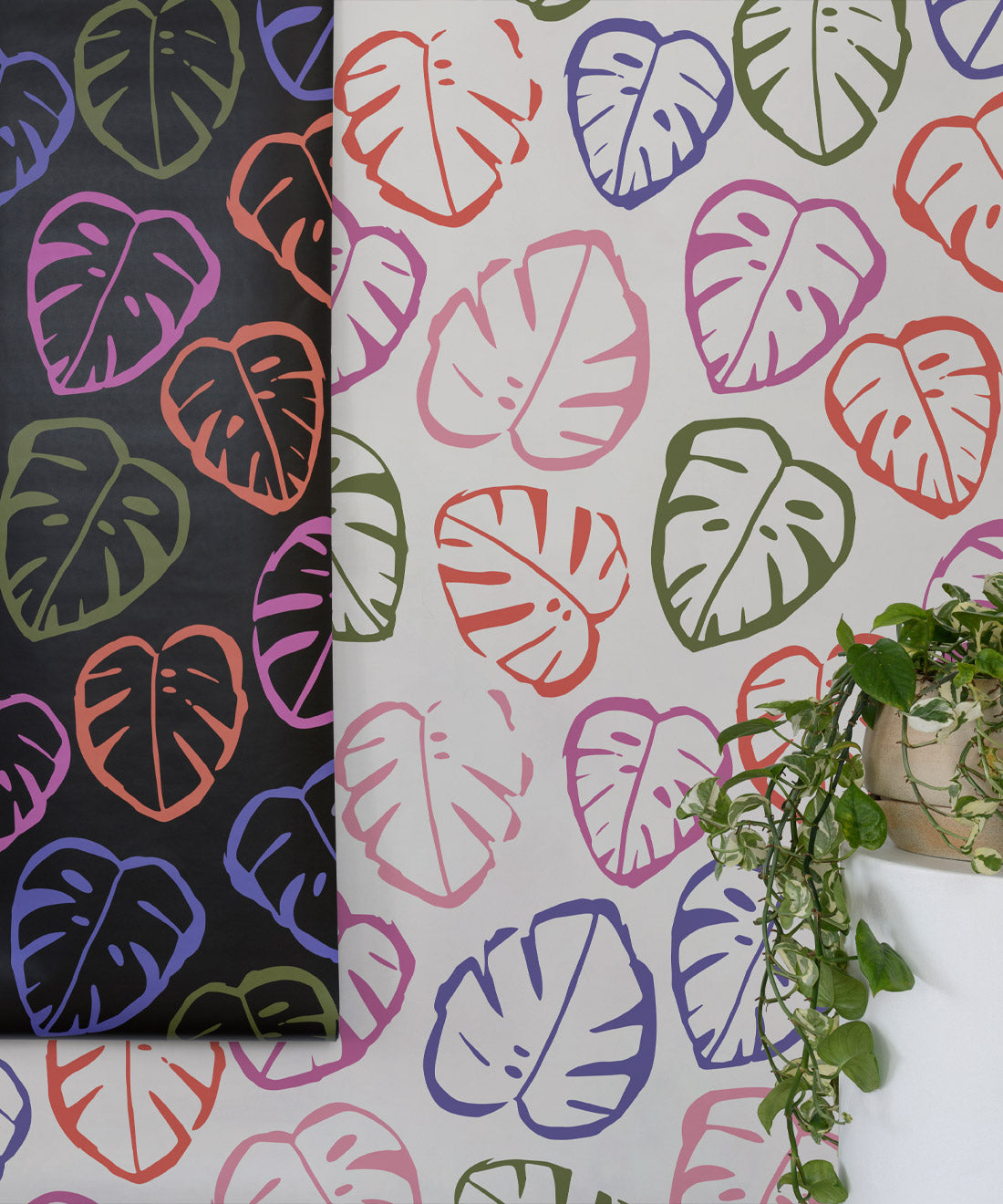 Neon Monstera Love Mural, White