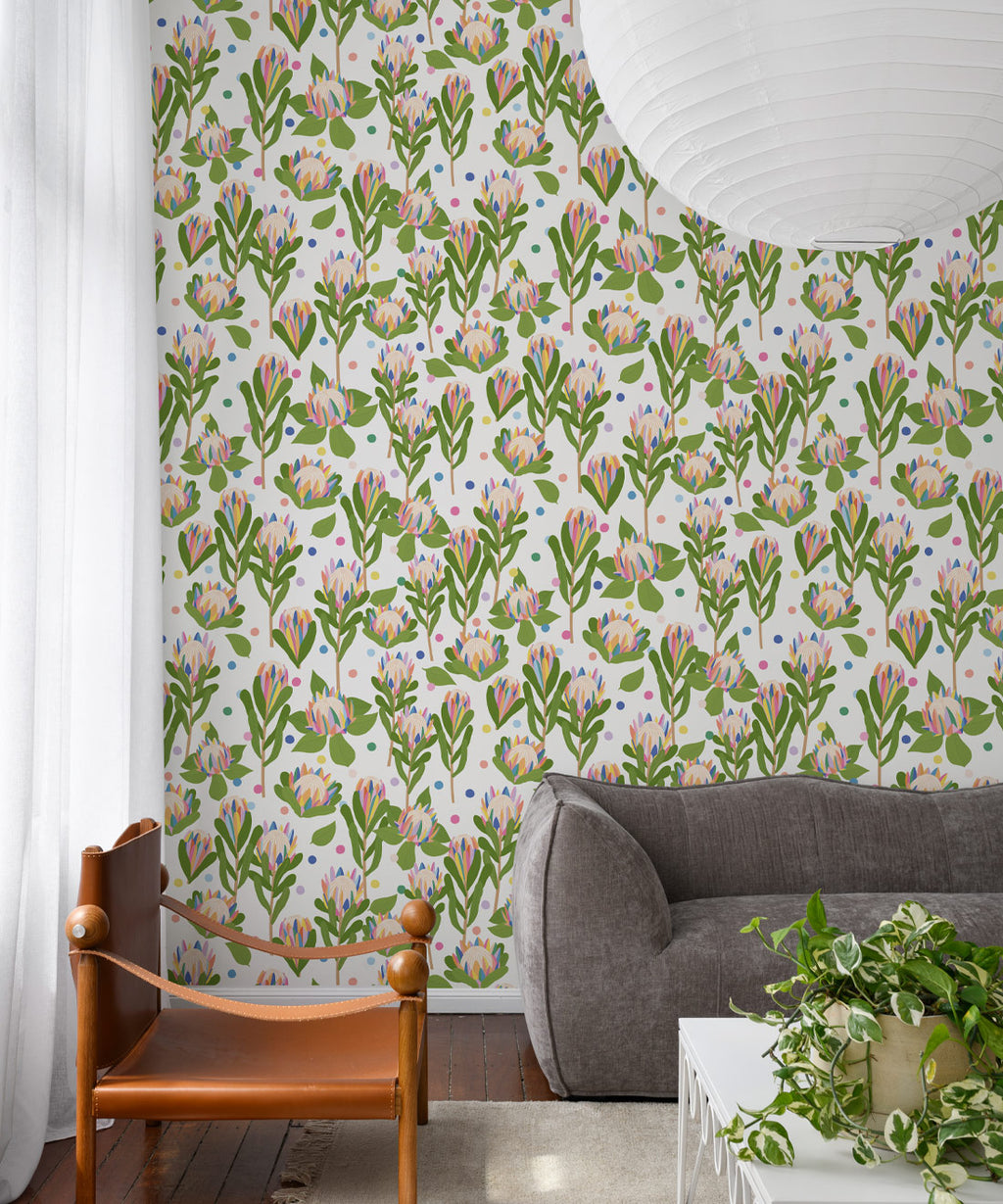 Protea Party Wallpaper, Fruity White