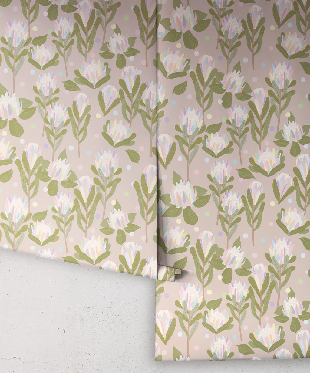 Protea Party Wallpaper, Pastel Coffee