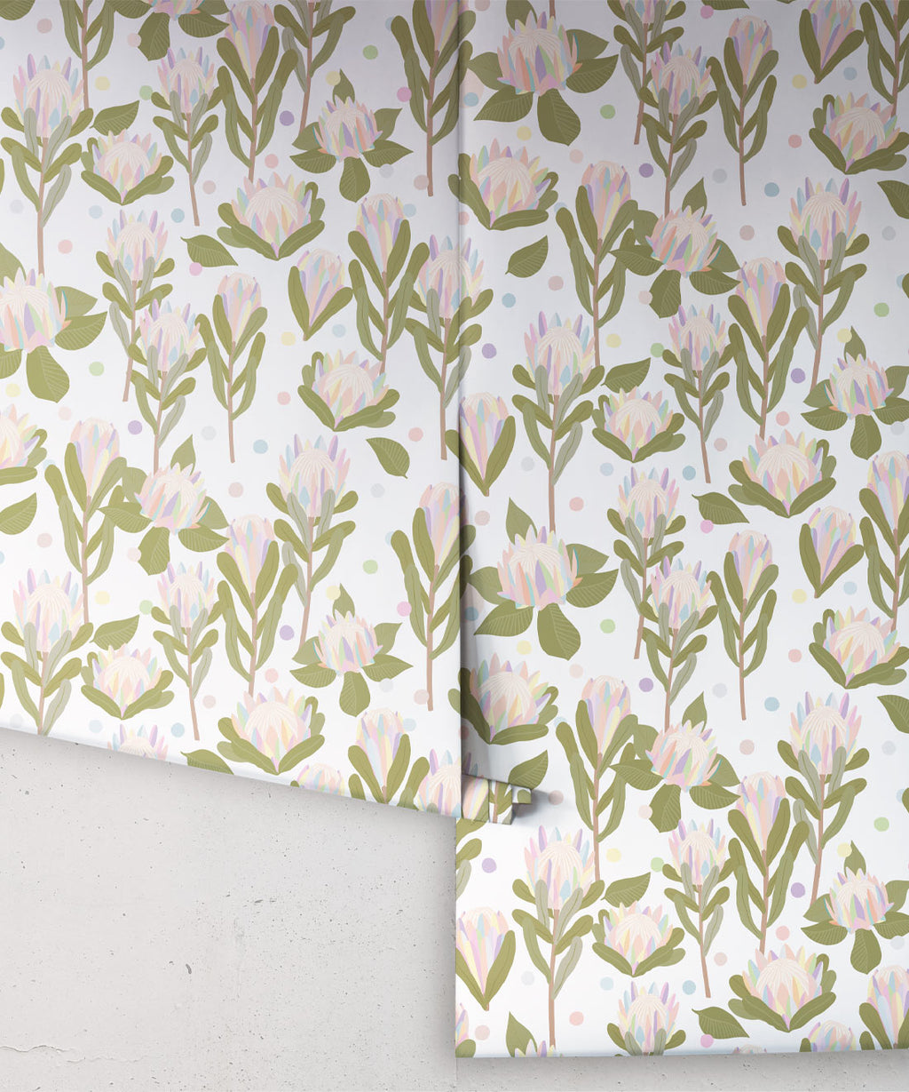 Protea Party Wallpaper, Pastel White