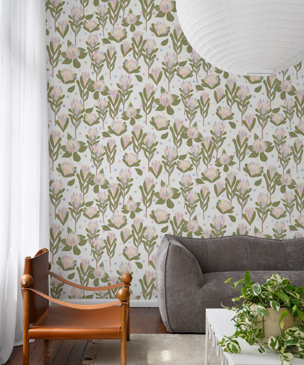 Protea Party Wallpaper, Pastel White