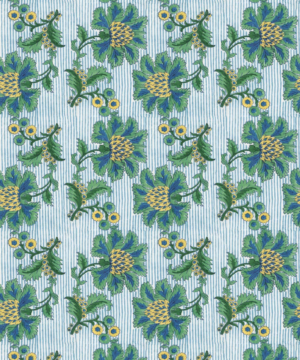 French Floral Wallpaper, Indigo Green Stripe