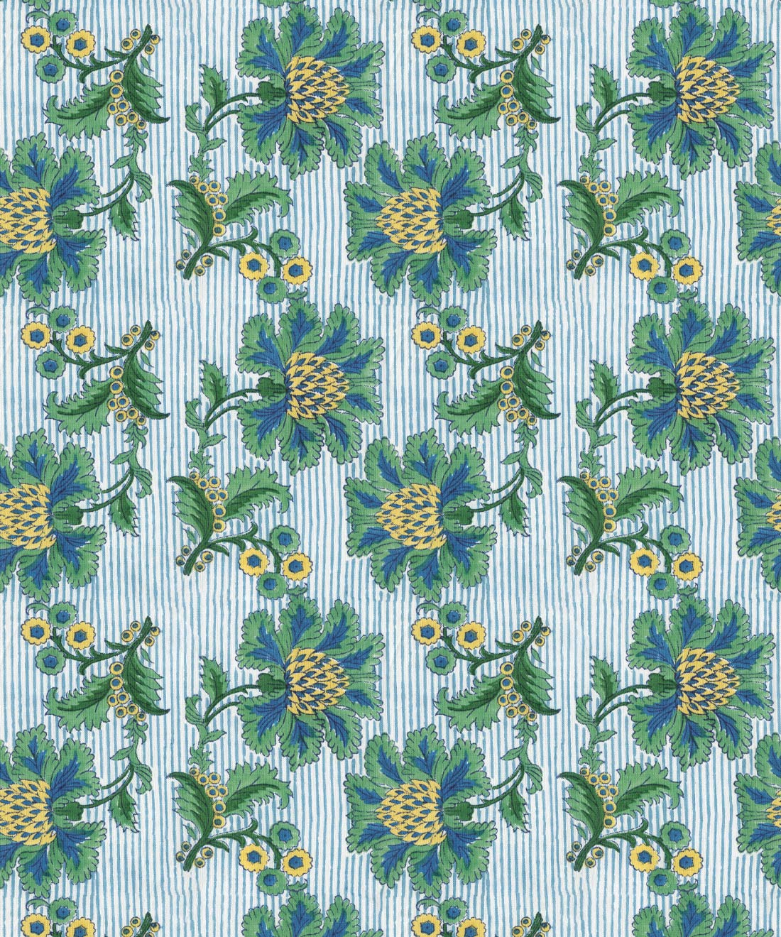 French Floral Wallpaper, Indigo Green Stripe