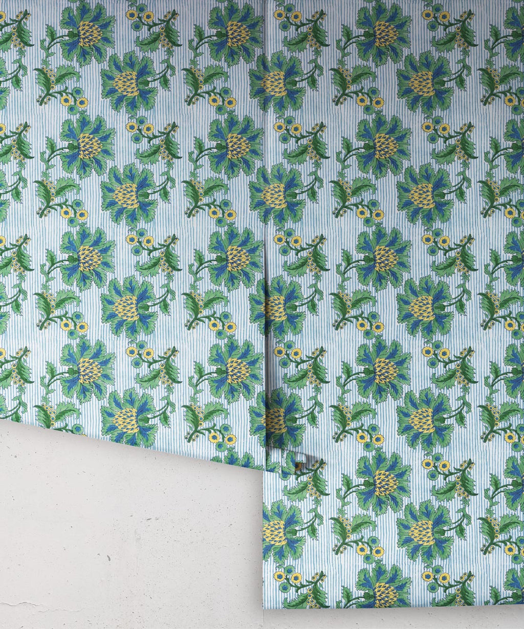 French Floral Wallpaper, Indigo Green Stripe