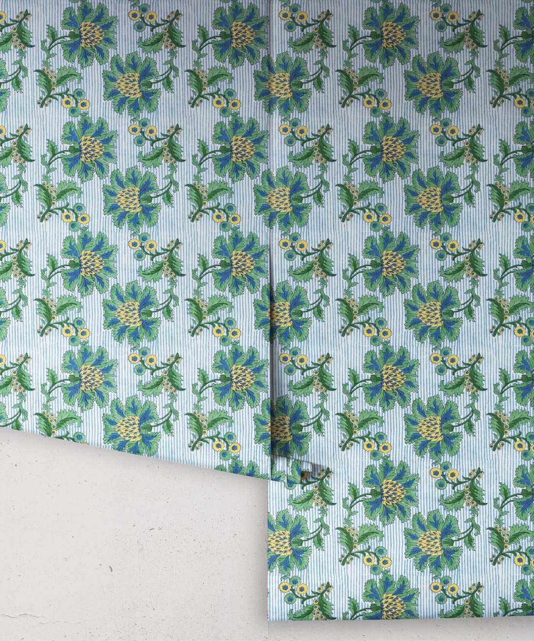 French Floral Wallpaper, Indigo Green Stripe