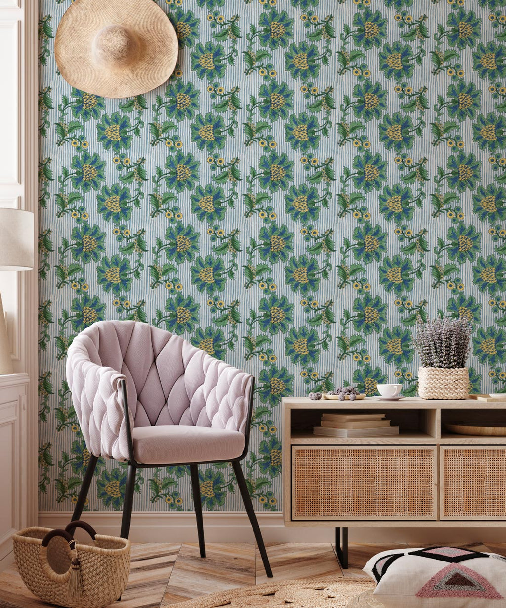 French Floral Wallpaper, Indigo Green Stripe
