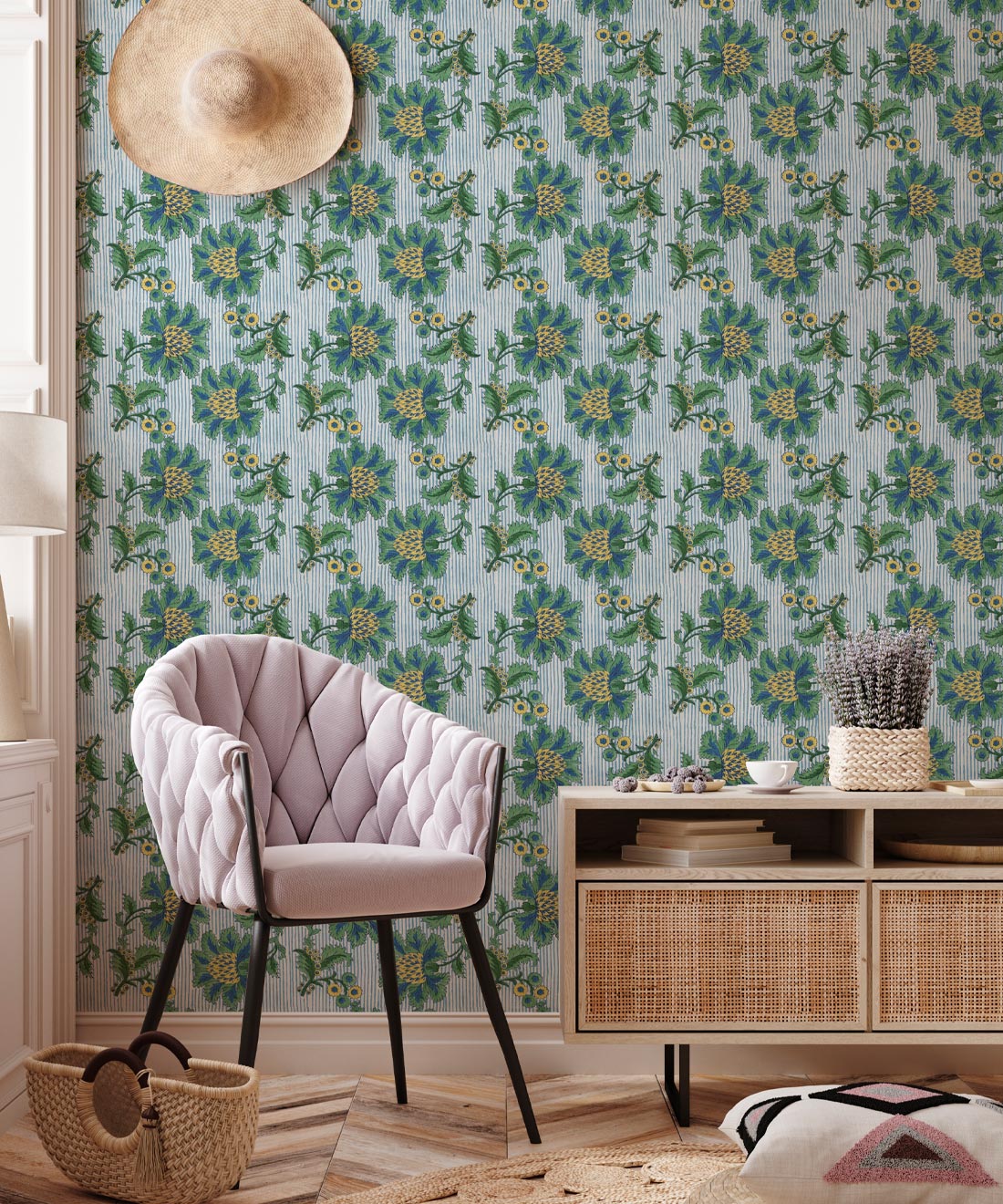 French Floral Wallpaper, Indigo Green Stripe