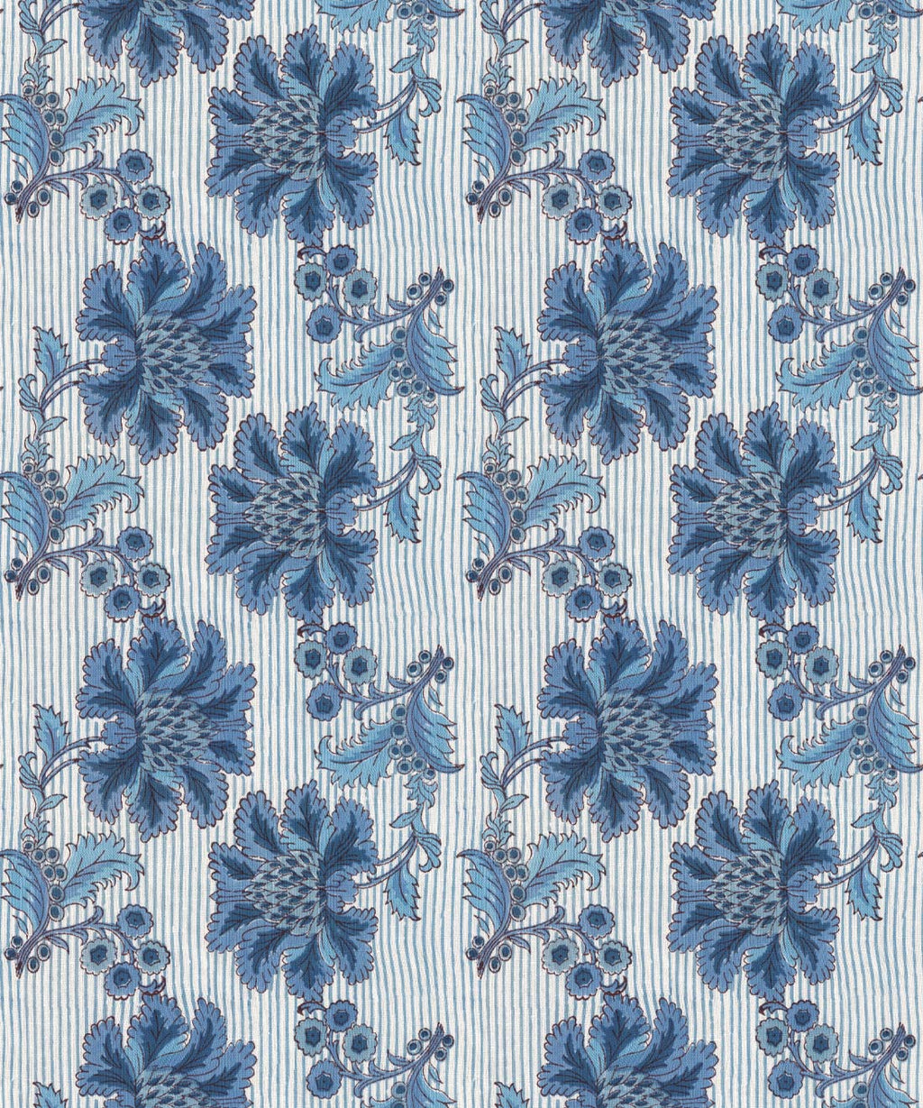 French Floral Wallpaper, Indigo Ivory Stripe