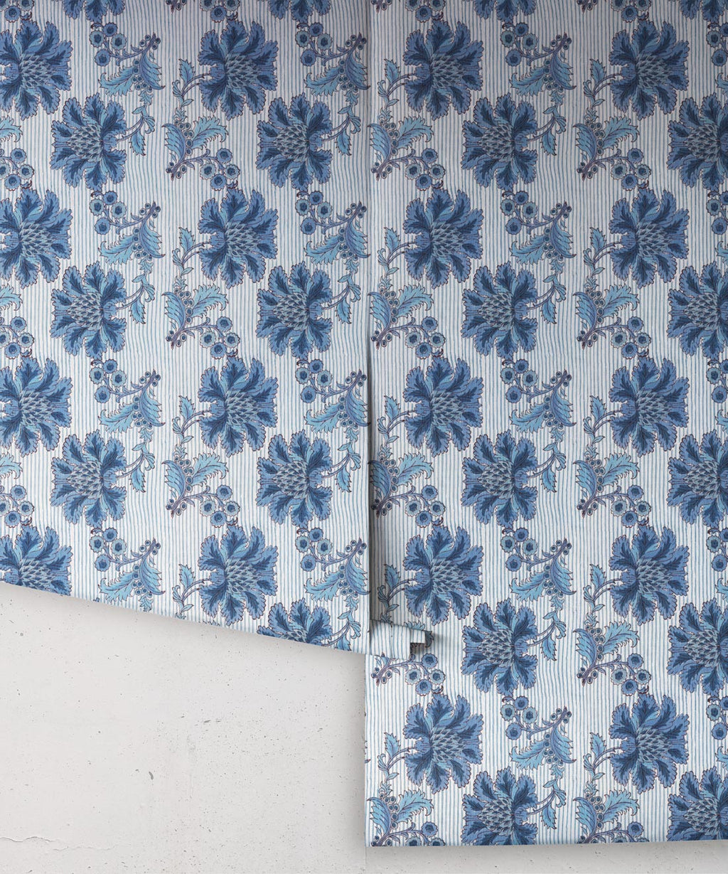 French Floral Wallpaper, Indigo Ivory Stripe
