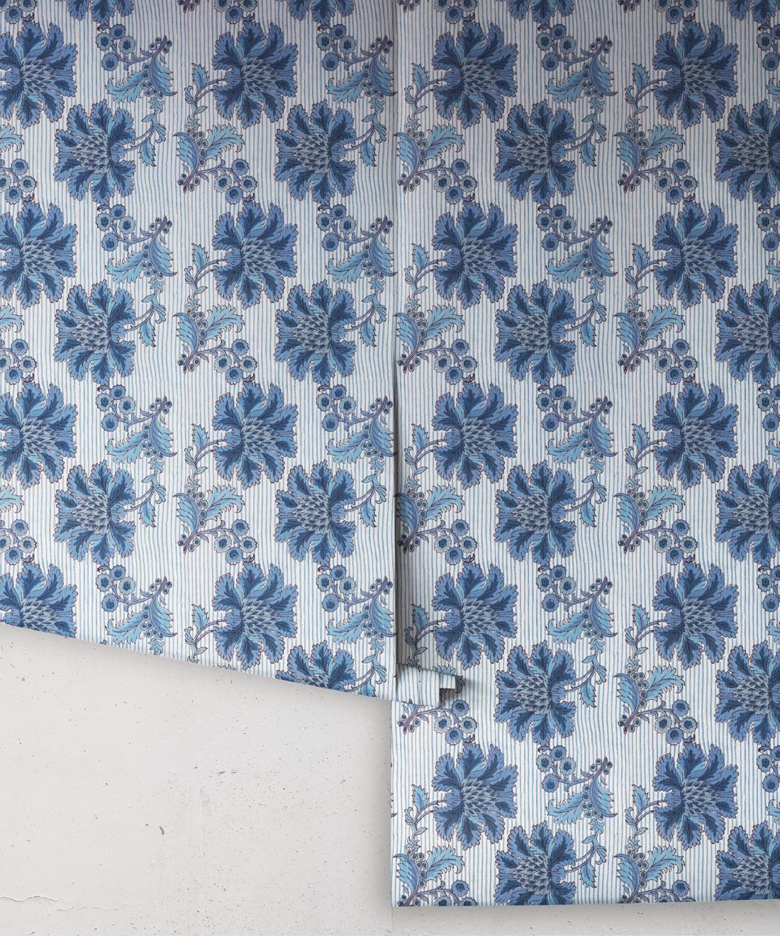 French Floral Wallpaper, Indigo Ivory Stripe