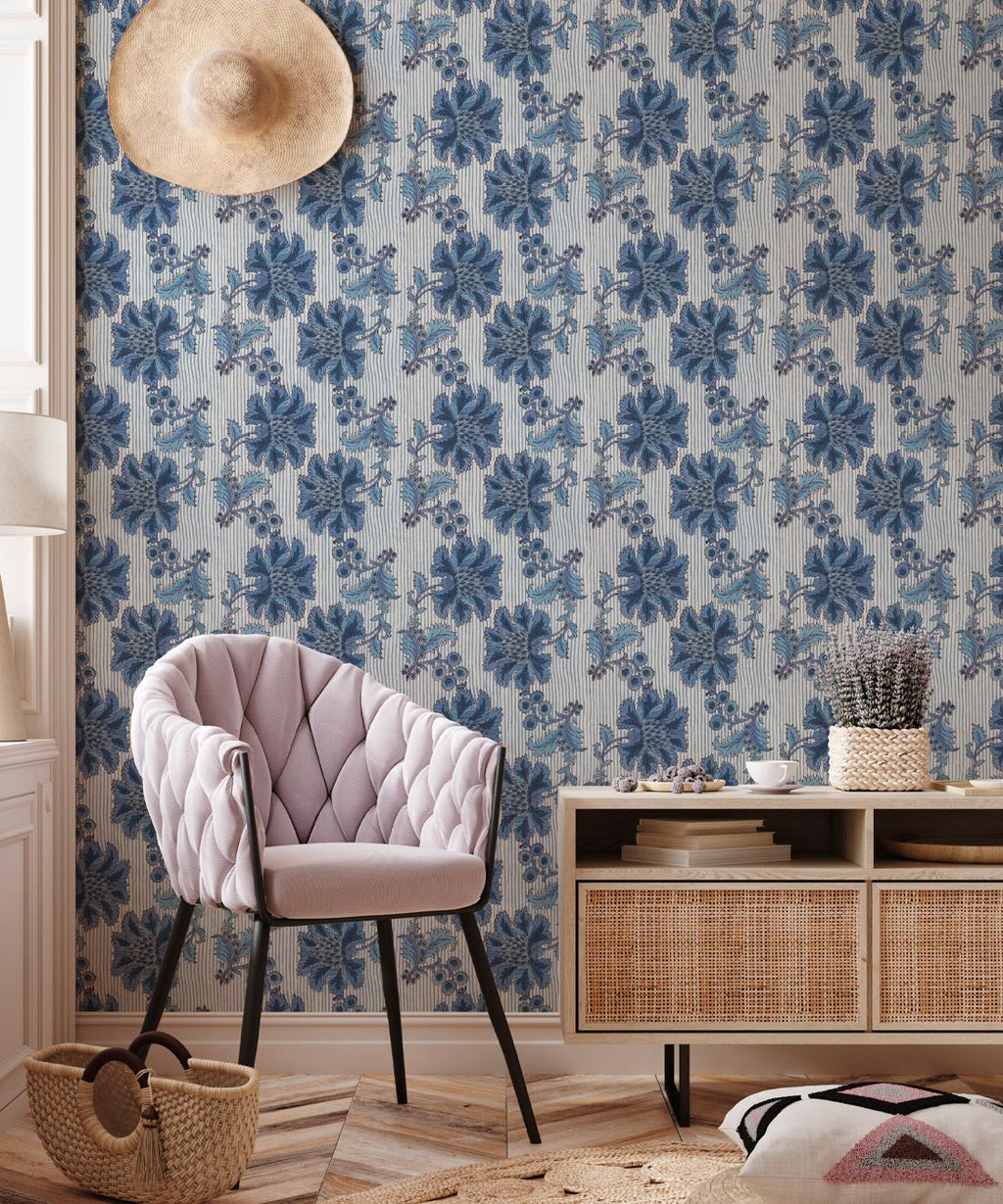 French Floral Wallpaper, Indigo Ivory Stripe
