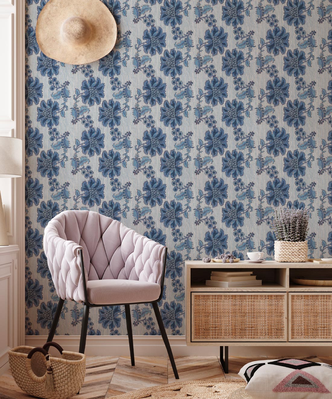 French Floral Wallpaper, Indigo Ivory Stripe