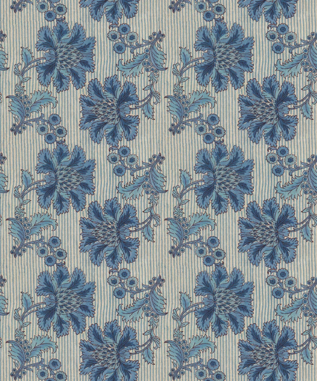 French Floral Wallpaper, Indigo Natural Stripe