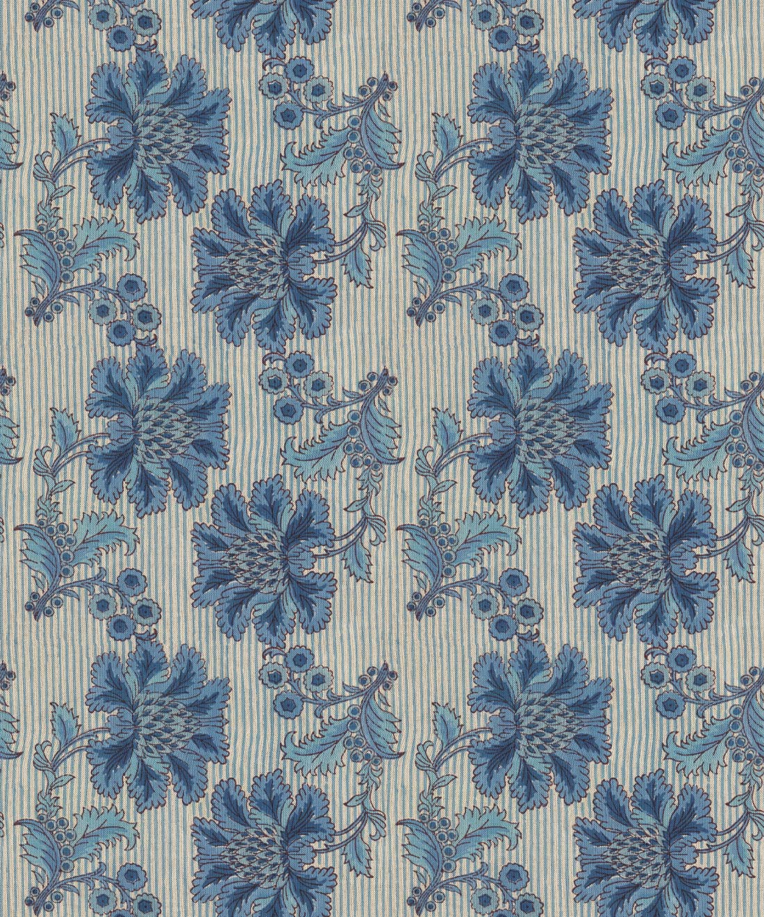 French Floral Wallpaper, Indigo Natural Stripe