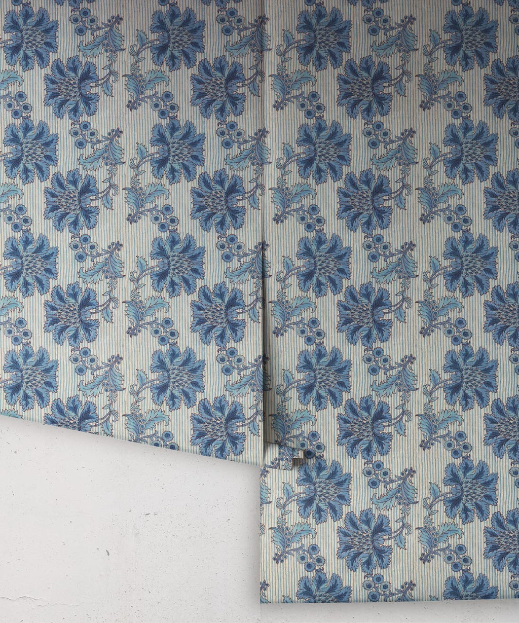 French Floral Wallpaper, Indigo Natural Stripe