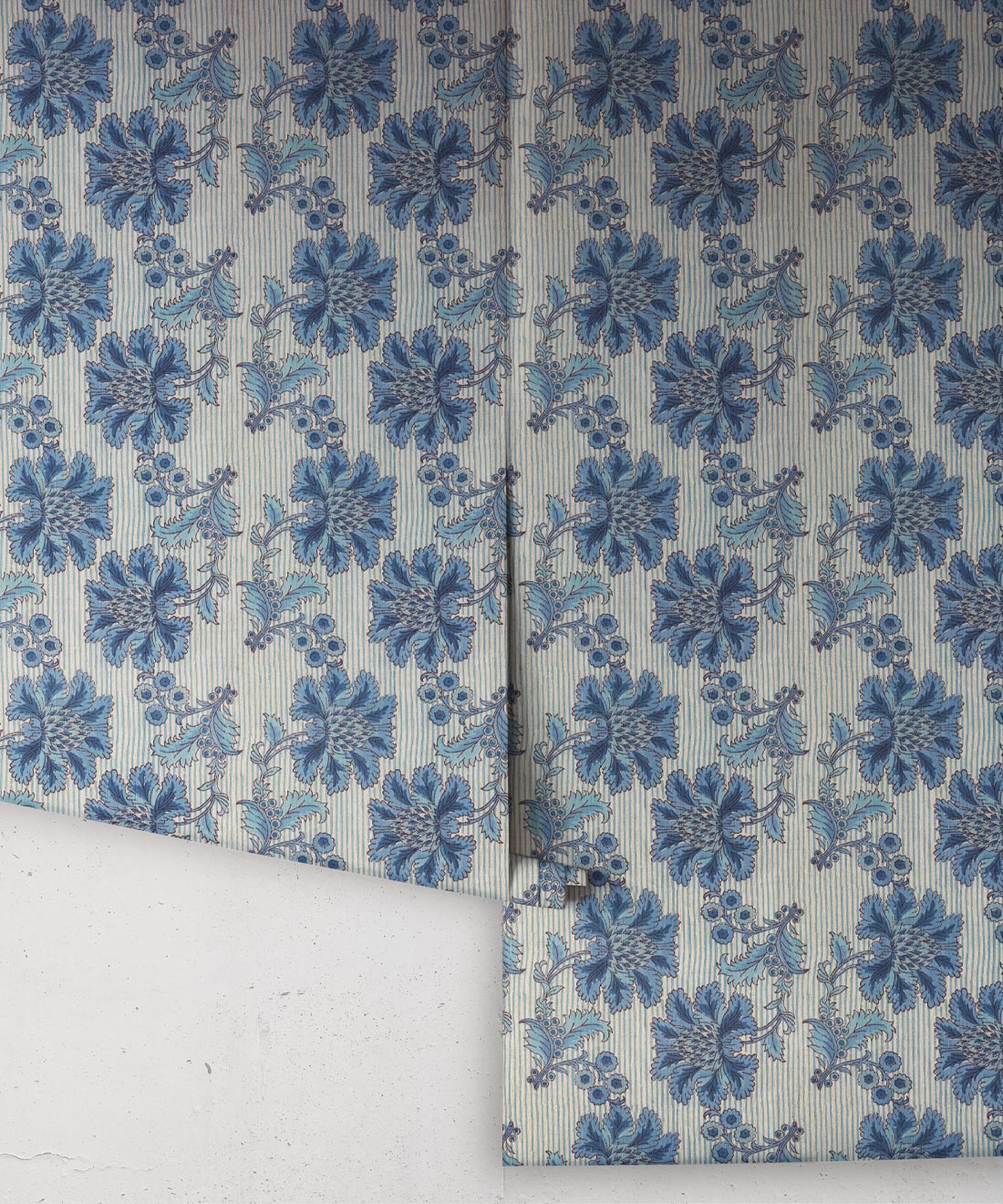 French Floral Wallpaper, Indigo Natural Stripe