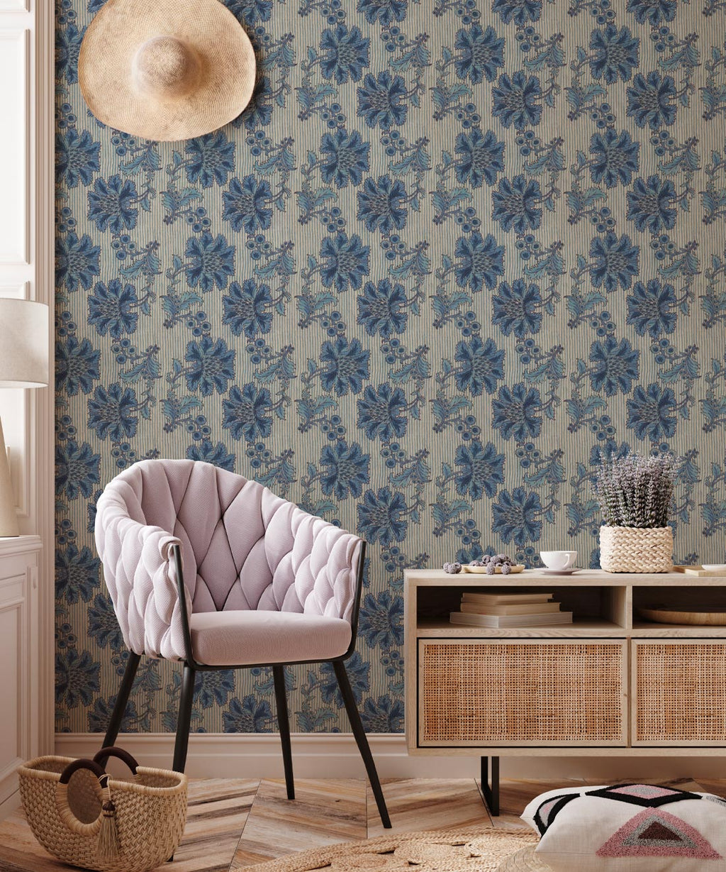 French Floral Wallpaper, Indigo Natural Stripe