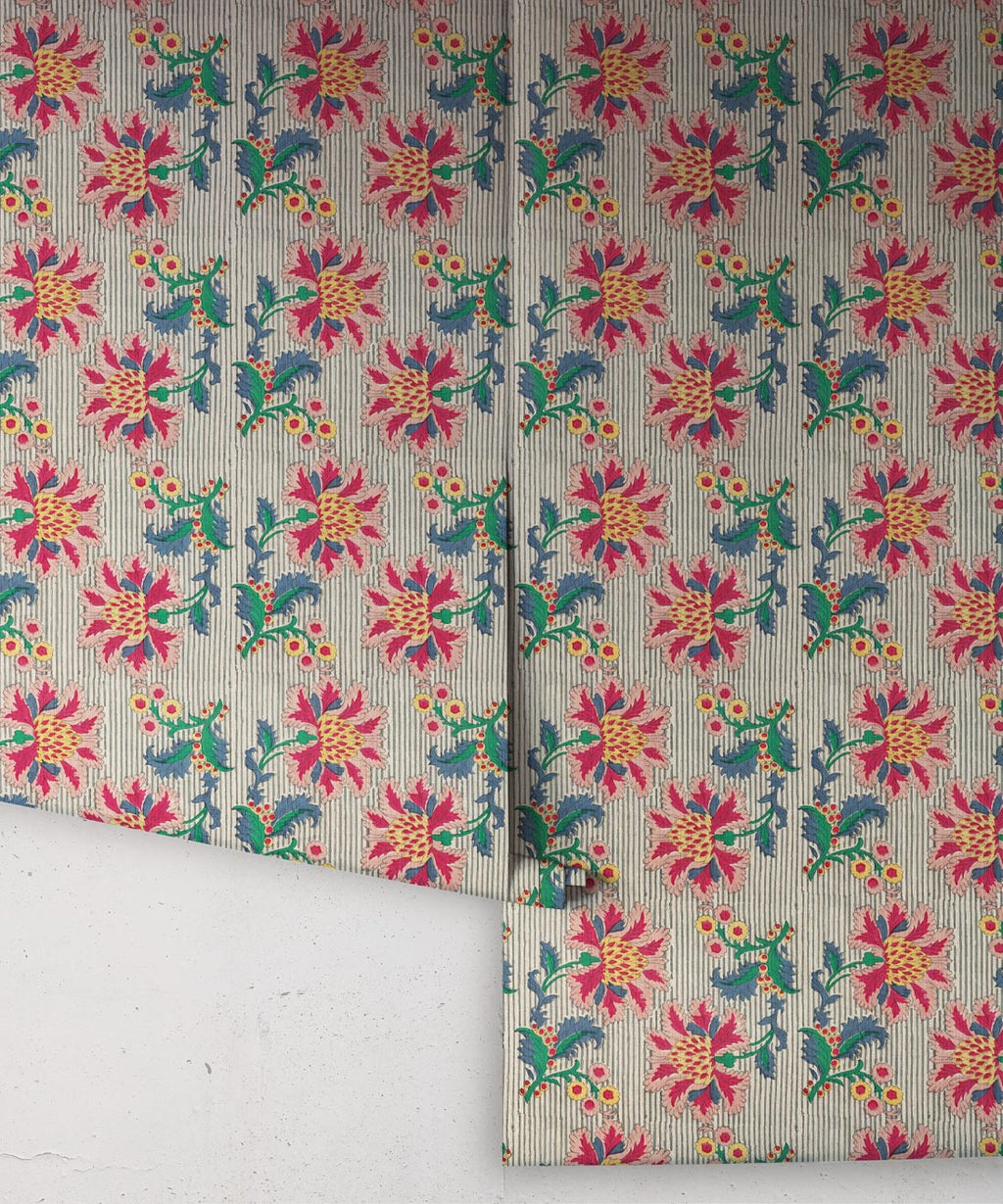 French Floral Wallpaper, Multi Natural Stripe