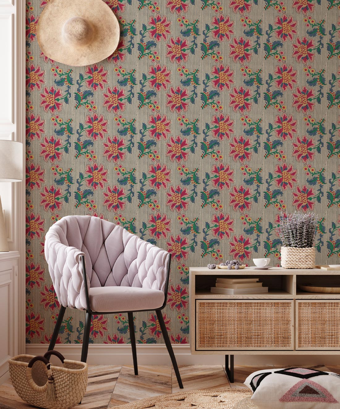French Floral Wallpaper, Multi Natural Stripe