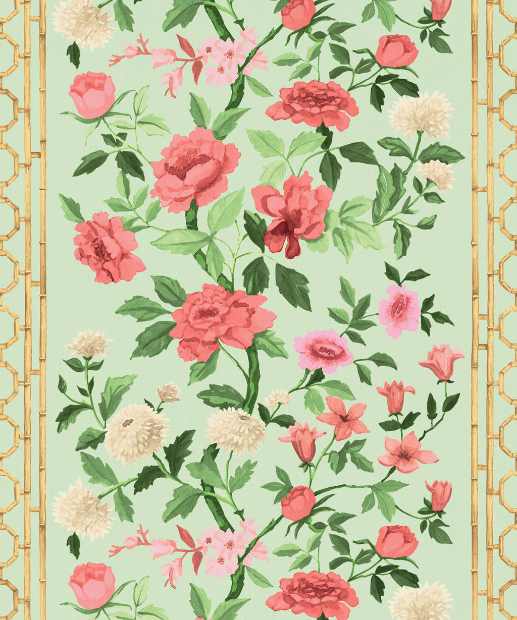 Edith Decorative Textile Wallpaper, Coral on Celadon