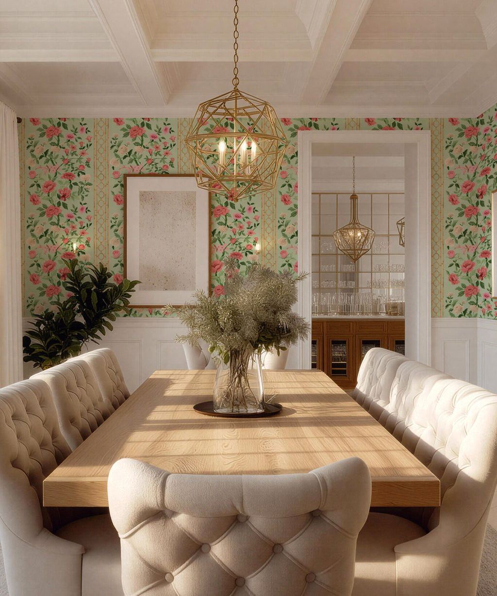 Edith Decorative Textile Wallpaper, Coral on Celadon