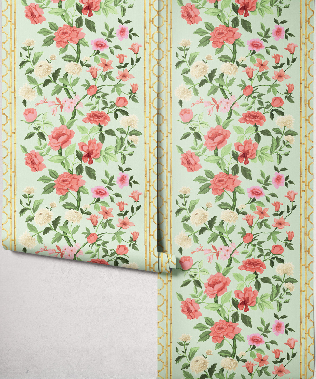 Edith Decorative Textile Wallpaper, Coral on Celadon