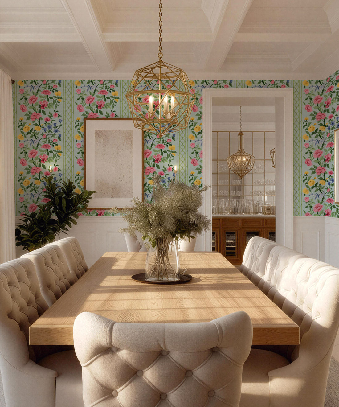 Edith Decorative Textile Wallpaper, Pink on Duck Egg