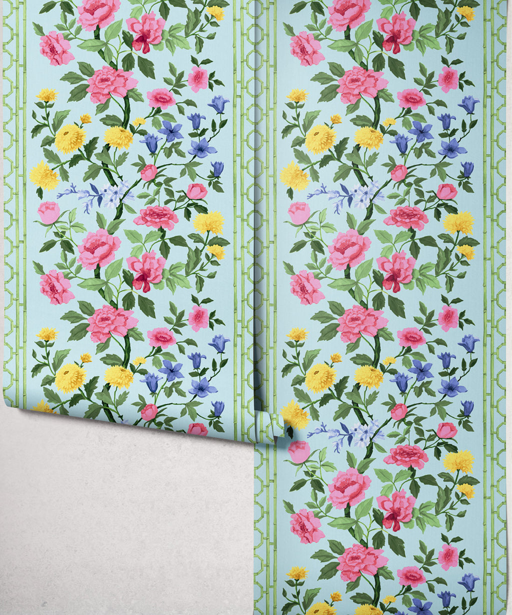 Edith Decorative Textile Wallpaper, Pink on Duck Egg